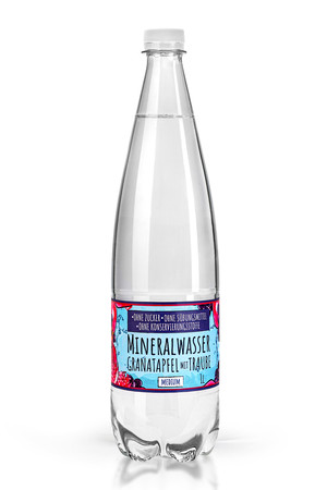 Mineralwasser mit einem natürlichen Aroma ohne Zucker, Süßstoffe und Konservierungsstoffe - Granatapfel und Traube